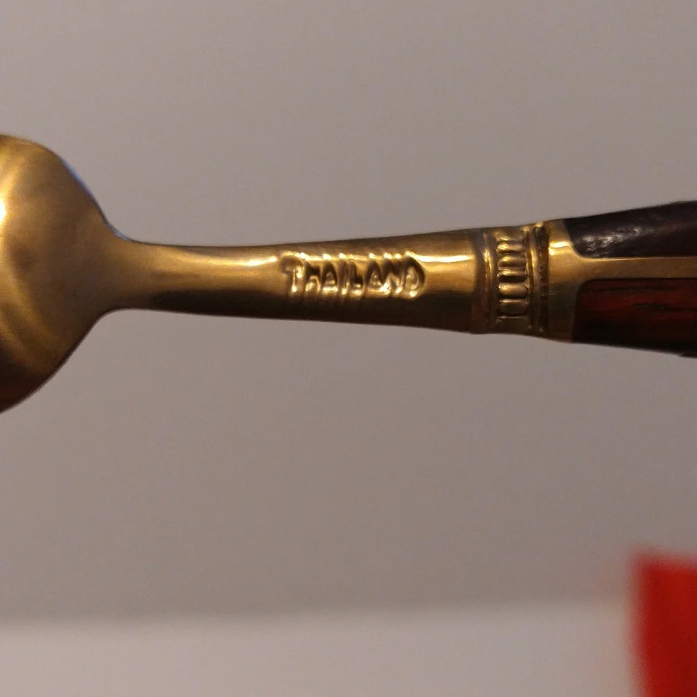 6 Vintage Brass and Rosewood Demitasse Spoons in Original Red Velvet case